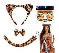 TUONYIS 4 Piezas Disfraz de Tigre, Diadema con Orejas de Tigre Disfraz de Animal Tatuajes Temporales de Cara Conjunto de collar y Cola para Niños Adultos para Halloween Carnaval Cosplay (Marrón)