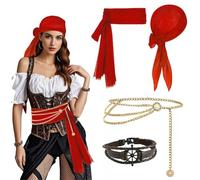 TUONYIS 4 Piezas Disfraz Pirata Accesorios,Pañuelo Pirata Cinturón Pulsera Cadena para la Cintura, Accesorios Medievales para Disfraces de Piratas para Cosplay Carnaval Halloween (Rojo)