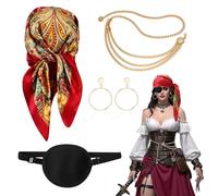 TUONYIS 4 Piezas Disfraz Pirata Mujer Diadema con estampado Rojo Máscara de Ojos Negra con Cadena en la Cintura Adornos para las Orejas,para Fiesta de Halloween Cosplay Fiesta de Piratas(4 Piezas)
