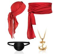 TUONYIS 4 Piezas Juego de Accesorios de Disfraces de Pirata Medieval Fajín Grande Pañuelo Pirata,Accesorios Disfraz Pirata para Mujeres Hombres Carnaval Halloween Cosplay Fiesta de Piratas(Rojo)