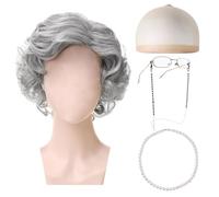 TUONYIS 5 Piezas Juego Disfraces de Anciana Que Incluye Peluca de Abuelita Gorro de Peluca Gafas Cadena de Gafas Collar de Perlas para Halloween Día Mundial del Libro Cosplay Carnaval (Plata)