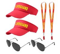 TUONYIS 6 Piezas Disfraz de Salvavidas, Accesorios de El Juego de Salvavidas, Incluye Ajustable protección Solar Sombrero y Lentes de Sol con Silbato de Guardia, para Carnaval Halloween (Rojos)
