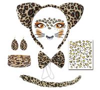 TUONYIS 7 Piezas Juego de Disfraz de Leopardo Conjunto de Disfraces de Animales,Diadema de leopardo con Adhesivos para la Oreja Cola de Tatuaje para Halloween Cosplay Navidad (Leopardo)