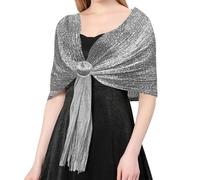 TUONYIS Chales y envolturas metálicas brillantes con hebilla para mujer, chales y chales de noche para mujer, chal dorado para bodas, fiestas, dama de honor, plata, Talla única