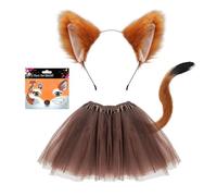 TUONYIS Disfraz de zorro de 4 piezas para niños y adultos, orejas de zorro sintético, diadema, cola, tutú, falda, tatuaje, calcomanías, disfraz de Halloween, día mundial del libro (marrón)