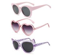 TUONYIS Juego de 3 lentes de sol para niños y niñas, diseño de ojo de gato, lentes en forma de corazón, bonitos para niñas y niños de 3 a 8 años, rosa y morado