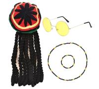TUONYIS Juego de 4 piezas de accesorios para disfraz de reggae, disfraz de rasta caribeña, peluca trenzada jamaicana, gafas amarillas, pulsera, collar, para cosplay de Halloween, baile de máscaras