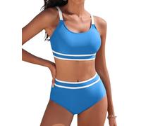 Tuopuda Bikini Mujer Push Up Deportivo Cintura Alta Traje de Baño Dos Piezas Conjunto de Bikini Biquini Vikini con Relleno Bikini Top con Brasileño Braga Alta Natacion Playa Piscina, Azul-2, XXL