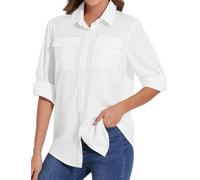 Tuopuda Blusa de Manga Larga para Mujer con Cuello en V Suelta Camisa de Secado Rápido con Bolsillos,UPF 50+Protección UV Informal Top Deportivo para Safari,Camping,Viajes(Blanco,L)