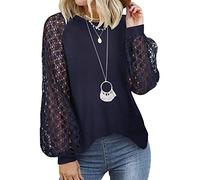 Tuopuda Camiseta Mujer de Manga Larga Elegantes Blusa de Encaje Informal Camisa de Cuello Redondo Casual Sueltas Tops(Marina Militare,S)