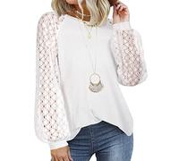 Tuopuda Camiseta Mujer de Manga Larga Elegantes Blusa de Encaje Informal Camisa de Cuello Redondo Casual Sueltas Tops(Bianco,M)