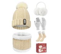 Tuopuda Conjunto Bufanda Gorro y Guantes Mujer Set 5PCS Gorro de Punto Guantes Táctil Orejeras y Calcetines Cuello de Bufanda Invierno Mujer para Esquí, Beige con caja de regalo