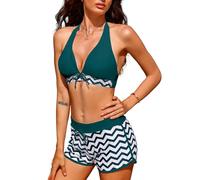 Tuopuda Traje de baño de Mujer de Dos Piezas Push Up Floral Halter Tankini Set con Shorts Bikini de Traje de baño Deportivo de Cintura Alta para el Mar Playa Piscina Fiesta Vacaciones(Azul,XXL)