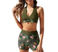Tuopuda Traje de Baño para Mujer Push Up Conjunto de Bikini Estampado Floral Dos Piezas Conjunto Bañador Cuello en V Bikini Tops y Cintura Alta Pantalones Cortos(Verde-2,S)