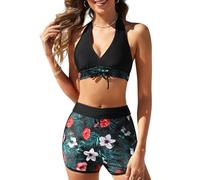 Tuopuda Traje de Baño para Mujer Push Up Conjunto de Bikini Estampado Floral Dos Piezas Conjunto Bañador Cuello en V Bikini Tops y Cintura Alta Pantalones Cortos(Negro-4,XXL)
