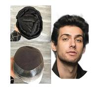 Tupé For Hombres, Cabello Humano Real, Postizos De Repuesto For, Centro Encaje Francés, PU Alrededor La Prótesis Masculino, Unidad Ondulado Natural(1B#-120%,7x10)