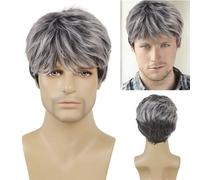 Tupé para hombre Peluca de fiesta de Cosplay resistente al calor Natural, peluca sintética for hombre, peluca corta y rizada de pelo gris mezclado negro for regalo de padre masculino Tupé para hombres