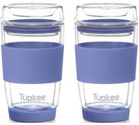 Tupkee Vaso de vidrio de doble pared - 8 onzas, taza de té/café aislada reutilizable y tapa, taza de viaje de vidrio soplado a mano - Jacaranda, paquete de 2