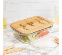 Tupper personalizado de cristal con tapa de bambú | 17 x 12,5 cm | Tranparente | Incluye Tenedor, cuchillo y cuchara | Idea Regalo Vuelta al cole