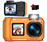 tupsio Cámara digital 8K UHD de 70 MP con tarjeta de 32 GB, resistente, impermeable, a prueba de polvo, a prueba de golpes, cámara subacuática de 33 pies, selfie de doble pantalla para esnórquel,