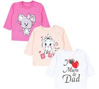 TupTam Blusas de bebé, Manga Larga con Estampado, Paquete de 3 uds., I Love Dad Mum/Blanco/Gato/Albaricoque/Ratón/Rosa, 80