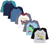 TupTam Camiseta de Manga Larga para bebé niño Set de 5, Excavadora Monster Tuck Dino Gris Azul Verde, 98