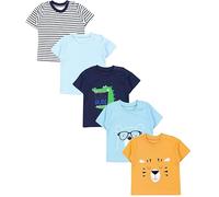 TupTam Camiseta Manga Corta para Bebé, Pack de 5, León Cocodrilo Oso Rayas Azul Azul Claro Amarillo, 80