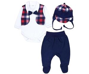 TupTam Conjunto de Ropa Bebé Body, Polaina, Gorra, azul oscuro/pajarita/cuadros escoceses, 74