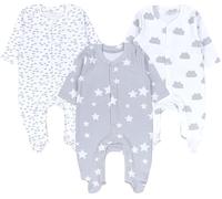 TupTam Mameluco de Bebé para Niños Manga Larga con Pie, Pack de 3, Nubes Blancas y Grises, Estrellas y Puntos, 74