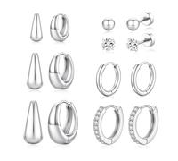 Turandoss Juego de 7 pares de aretes para mujer, chapados en oro de 14 quilates, aretes de aro grueso con parte trasera plana, joyería clásica para cartílago, tragus, hélice, Medio, Metal, Circonita