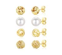 Turandoss Pendientes de tuerca hipoalergénicos con circonita cúbica para | Juego de aretes de tuerca chapados en oro de 14 quilates, diseño de nudo de perla, flor de circonita cúbica