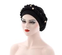 Turbante para mujer, a la moda, con cuentas, trenzado, musulmán, con volantes, para el cáncer, gorro para dormir, con forro de satén, para viajes, uso casual, Negro, Altoa única