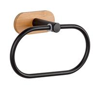 Turbo-Loc Orea Bamboo - Toallero de Acero Inoxidable Lacado Negro Mate Combinado con un Soporte de Pared de bambú, fijación sin taladrar, 19,5 x 12,5 x 8 cm