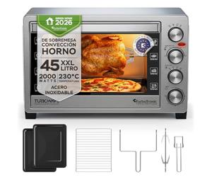 TurboTronic EVS45 Horno Eléctrico 45L, Mini Horno de Sobremesa con Convección y Asador Giratorio, 2000W, hasta 230°C, Plateado