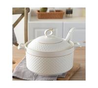 Tureen de porcelana con tapa y cuchara, cuenco de servir de doble asa, apto para microondas y lavavajillas, diseño de borde dorado, ideal para servir en la cocina, 1,5 L