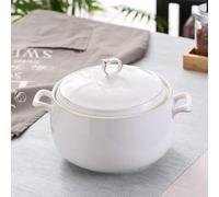 Tureen de sopa de cerámica con tapa, gran capacidad de 3 litros, con asas dobles para cocina, porcelana, color blanco con borde dorado, apto para microondas y lavavajillas (tipo 2)