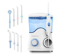 TUREWELL Flosser dental de agua para dientes/aparatos ortopédicos, 10 niveles de presión, 8 puntas de chorro de agua para la familia, 600 ml de hilo dental eléctrico (blanco)