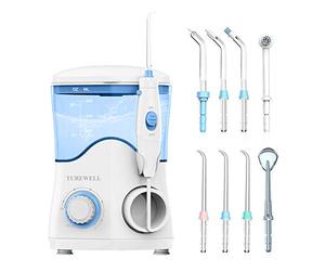 TUREWELL Irrigador Dental, cable electrico, blanco, Irrigador Bucal Professionale con 8 Boquillas Multifuncionales, Capacidad de 600ml, 10 Ajustes de Presión del agua, Limpieza Dientes