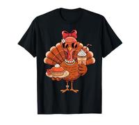 Turkey Drinking Coffee Bow Thanksgiving Womens Turkey Day Camiseta