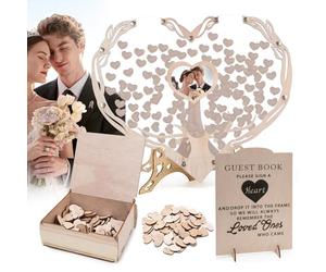Turmegtt Libro de Firmas para Boda de Madera con 100 Corazones, Libro de Invitados Alternativo para Bodas y Cumpleaños, Decoración Personalizable para Bodas con Marco para Fotos y Área de Firmas