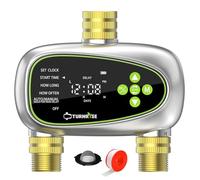 TURNRISE Programador Riego 2 Salidas con Entrada y Salida de Latón, Programador de Riego Automatico con Retraso por Lluvia/Riego Manual, Temporizador de Riego a Pilas para Jardín, Césped