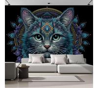 Turquesa Papel Pintado Seda Fotográfico 400x280cm, Mural De Pared Panorámico Retrato De Gato Mandala, Animal De Fantasía Vintage Póster Grande Para Salón Decor Del Hogar Y Pared