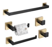TURS Juego de Accesorios de baño de 5 Piezas Color Negro Mate y Dorado Cepillado Soporte para Toallas de Mano Soporte para Papel higiénico 2ganchos para Toallas Acero Inoxidable montado en la Pared