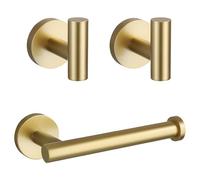 TURS Soporte para papel higiénico, 2 ganchos para toallas, acero inoxidable SUS304 dorado cepillado, 3 piezas, kit de accesorios de baño montado en la pared