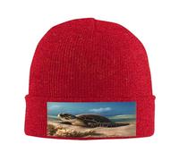 Turtle on The Beach - Gorro de punto para hombre y mujer, gorro de punto con puños para hombre, gorro de punto para invierno, suave y cálido, Rojo -, talla única