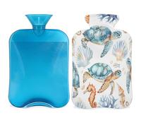 Turtle Seahorse Shell - Botella de agua caliente con funda, conchas de coral, bolsa de agua caliente de 2 L para aliviar el dolor, cuello y hombros, calentador de manos y pies