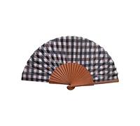 Tusitala Barcelona Abanico Español Cuadro Marrón - Madera y Algodón - 23 cm - Estuche y Funda de Yute - Accesorio de Moda - Hecho a Mano en España - Eventos y Regalos - Colección Nuestros Clásicos