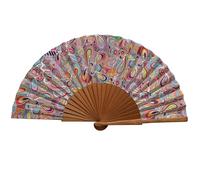 Tusitala Barcelona Abanico Español - Madera y Algodón - 23 cm - Estuche y Funda de Yute - Accesorio de Moda - Hecho a Mano en España - Eventos y Regalos - Colección Geometrías (Lazos)