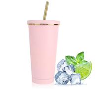 Tutamaz Taza térmica de café para llevar, 500 ml, taza térmica aislada de acero inoxidable con asa para bebidas frías y calientes, taza térmica para coche, casa, viajes, rosa