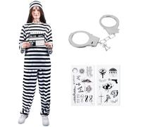 Tutukyle Disfraz Prisionero Mujer Uniforme Penitenciario Blanco y Negro Disfraz de Preso Adulto Traje Carcel Convicto Tops Pantalones Gorro Cosplay Carnaval Halloween Fiesta